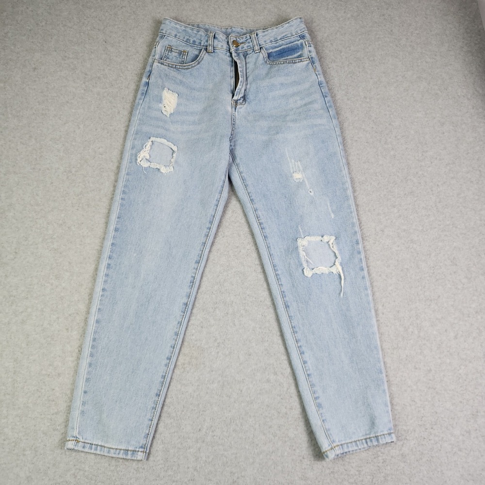 SHEIN Denim Jeans Womens S Light Blue High Waisted Raw Hem Distressed Straight